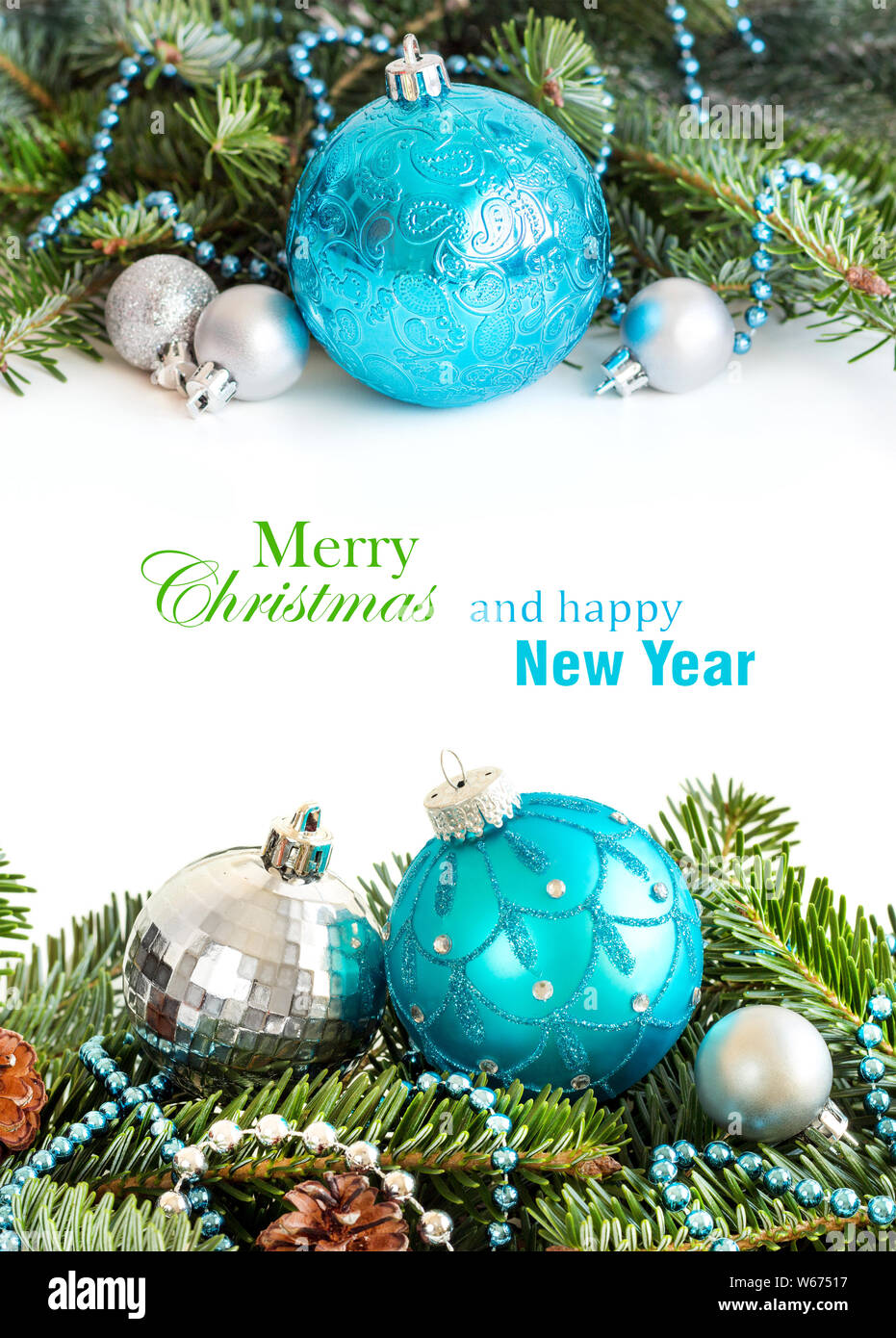 Türkis und Silber Weihnachtsverzierungen Rand auf weißem Hintergrund Stockfoto