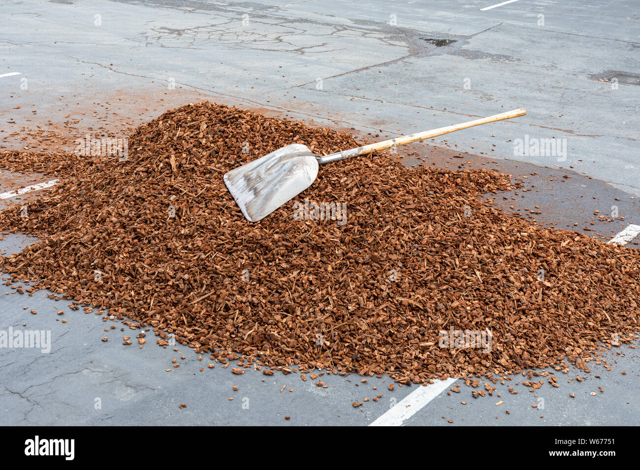 Schaufel liegen oben auf einem Stapel von Hackschnitzel Stockfoto