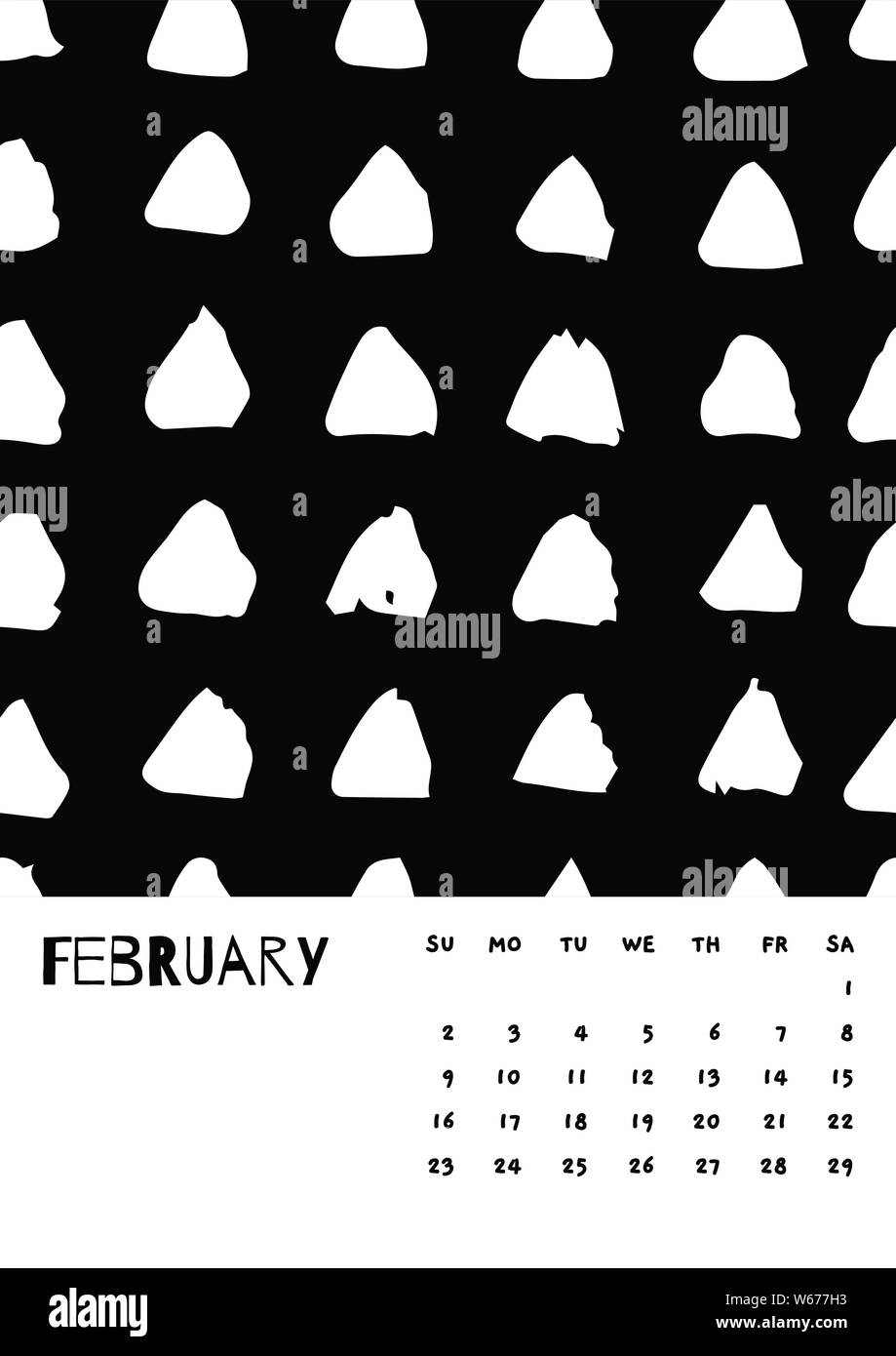 2020 Februar Englisch Kalender Abstract Vector Hand zeichnen Pinselstrich Schwarz und Weiß. Woche beginnt Sonntag. Monochrome Minimalismus Stil. Poster Kalender flyer, druck Medien, Broschüre A3, A4, A5 Stock Vektor