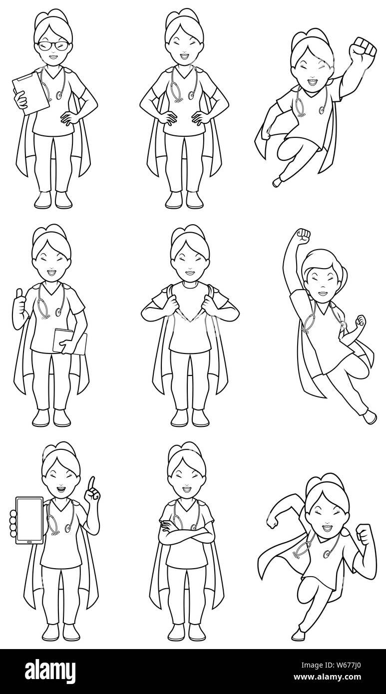 Super Krankenschwester asiatischen weiblichen Linie Kunst Stock Vektor