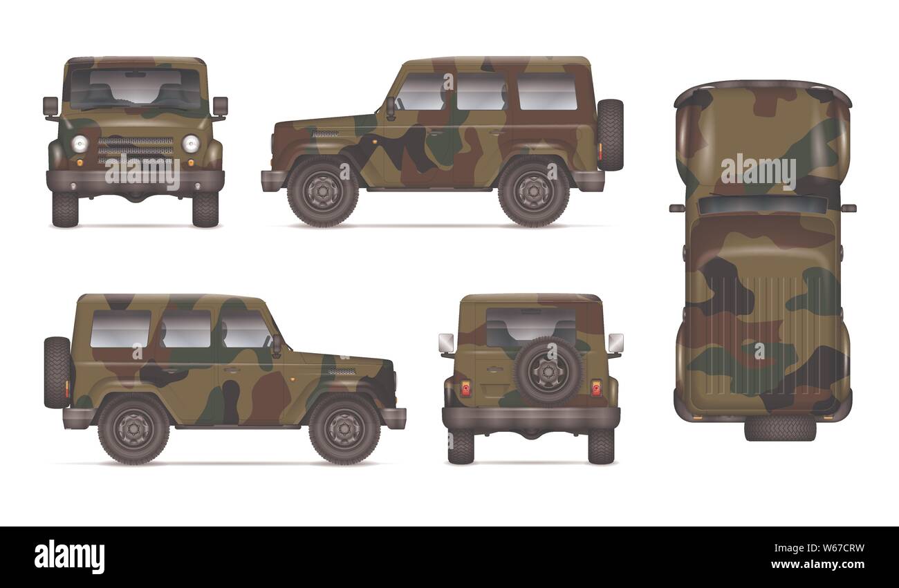 Army truck isoliert Vektor mockup auf weißem Hintergrund. Militärische Auto mit Ansicht von links, rechts, vorn, hinten und oben Seiten, einfache Bearbeitung und Recolor Stock Vektor