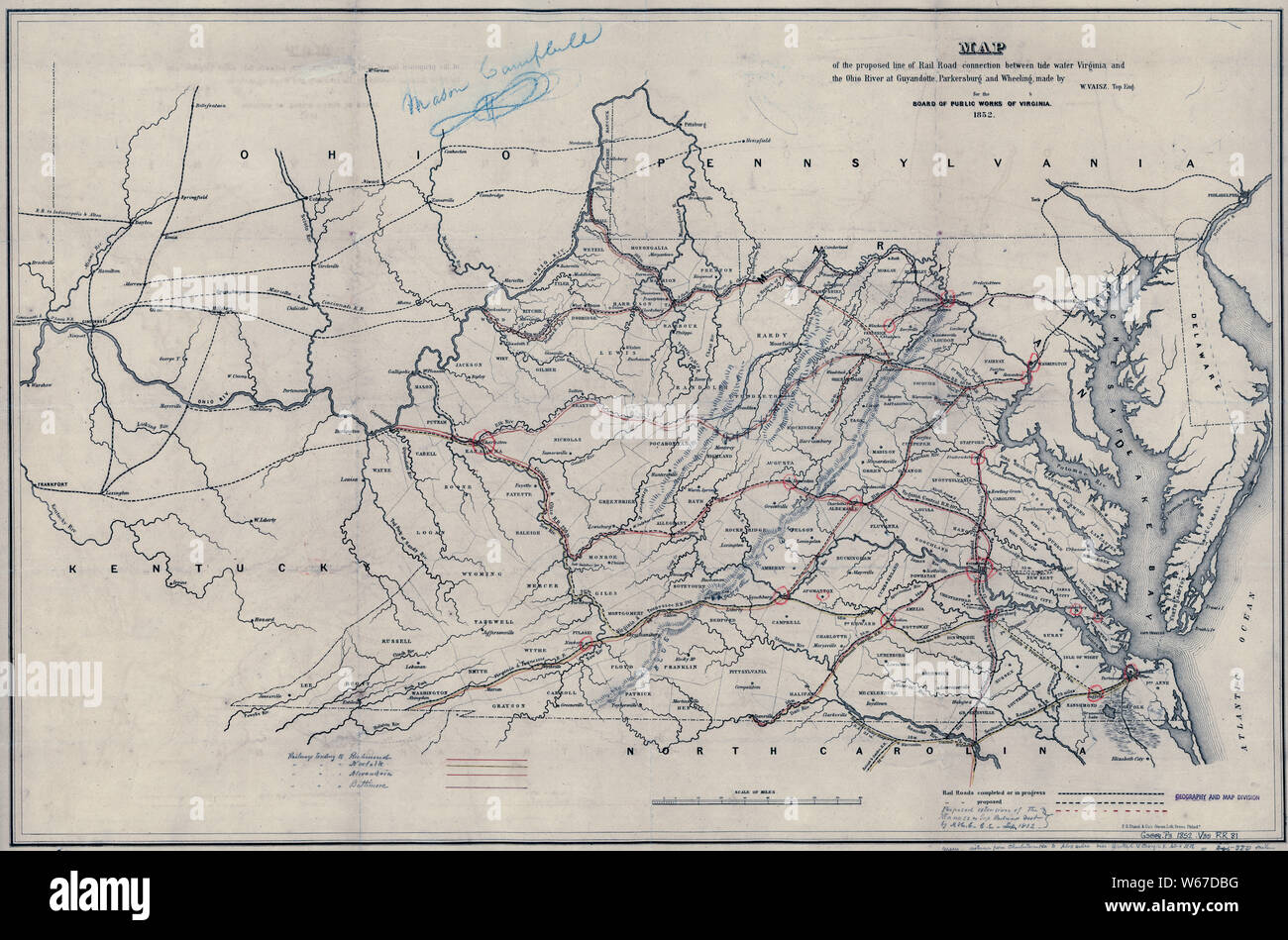 0042 Eisenbahn Karten Karte der vorgeschlagenen Linie der Rail Road Verbindung zwischen Ebbe wasser Virginia und den Ohio River bei guyandotte Parkersburg und die Wiederherstellung und Reparatur Stockfoto