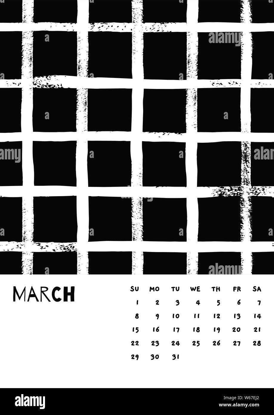 2020 März Englisch Kalender Abstract Vector Hand zeichnen Pinselstrich Schwarz und Weiß. Woche beginnt Sonntag. Monochrome Minimalismus Stil. Poster Kalender flyer Layout, Druck Medien, Broschüre A3, A4, A5 Stock Vektor