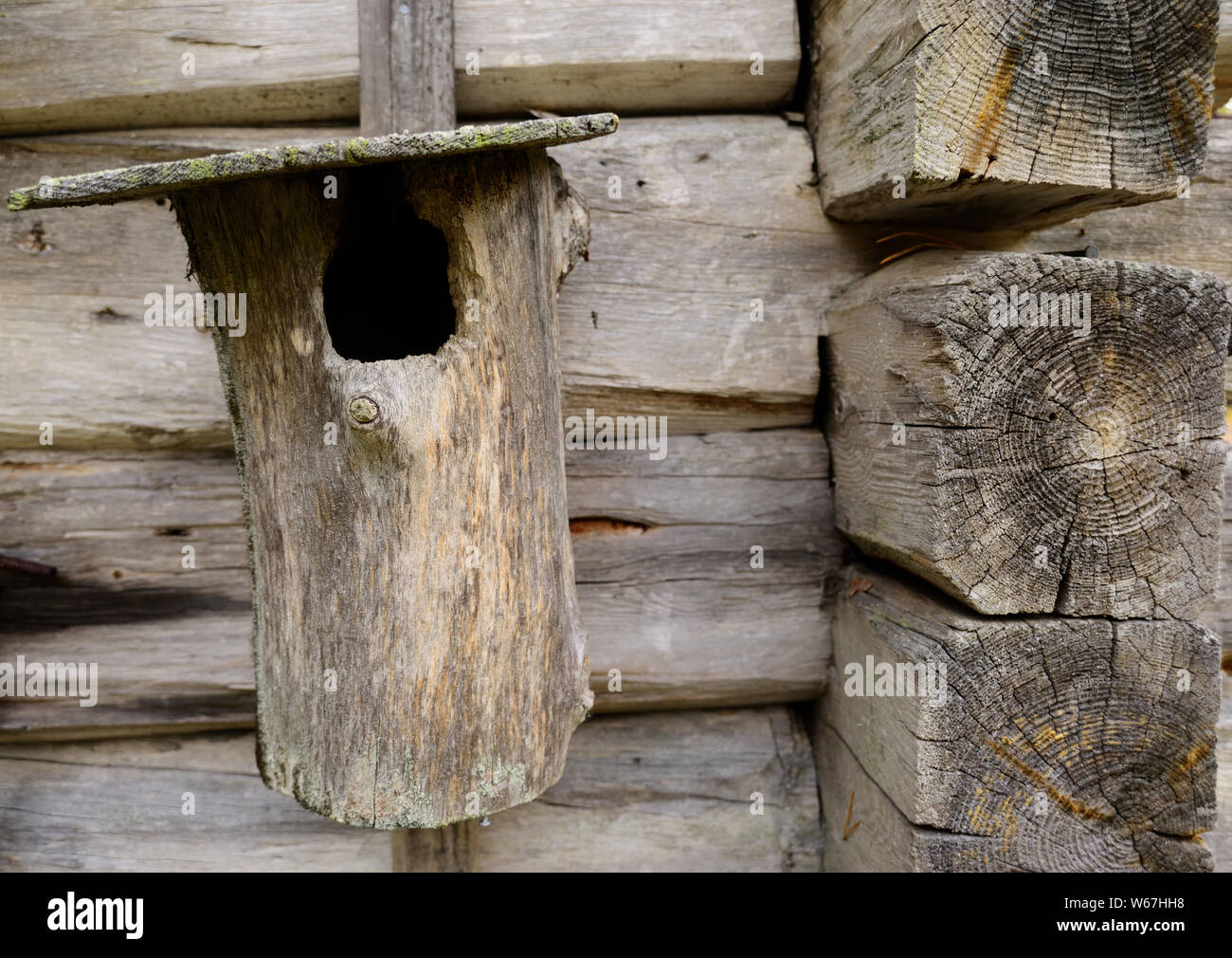 Alten hölzernen Nistkasten auf einer Hauswand Stockfoto