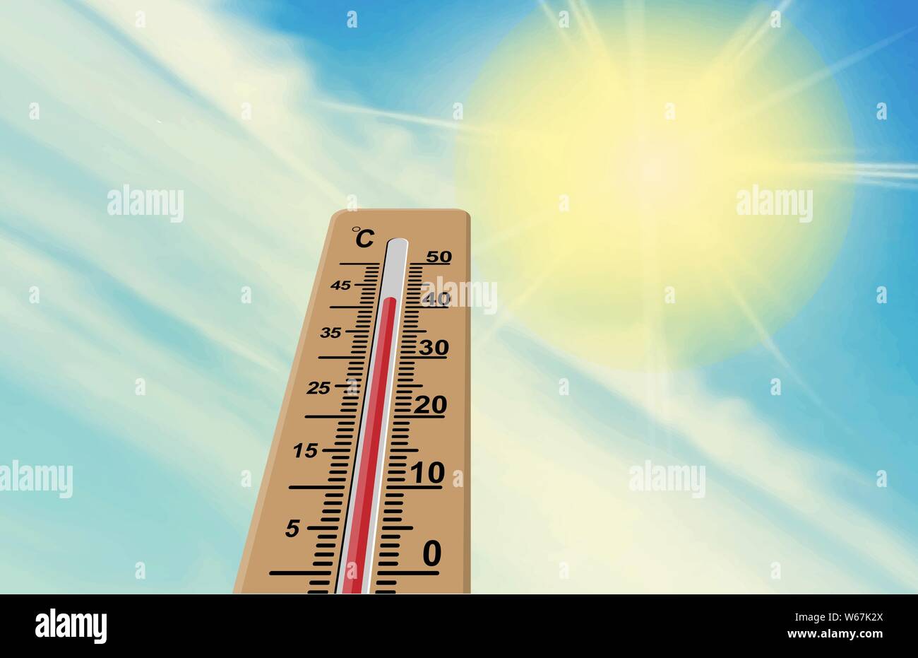 Sun und Thermometer. Die Lufttemperatur über 40 Grad Celsius. Die globale  Erwärmung Stock-Vektorgrafik - Alamy