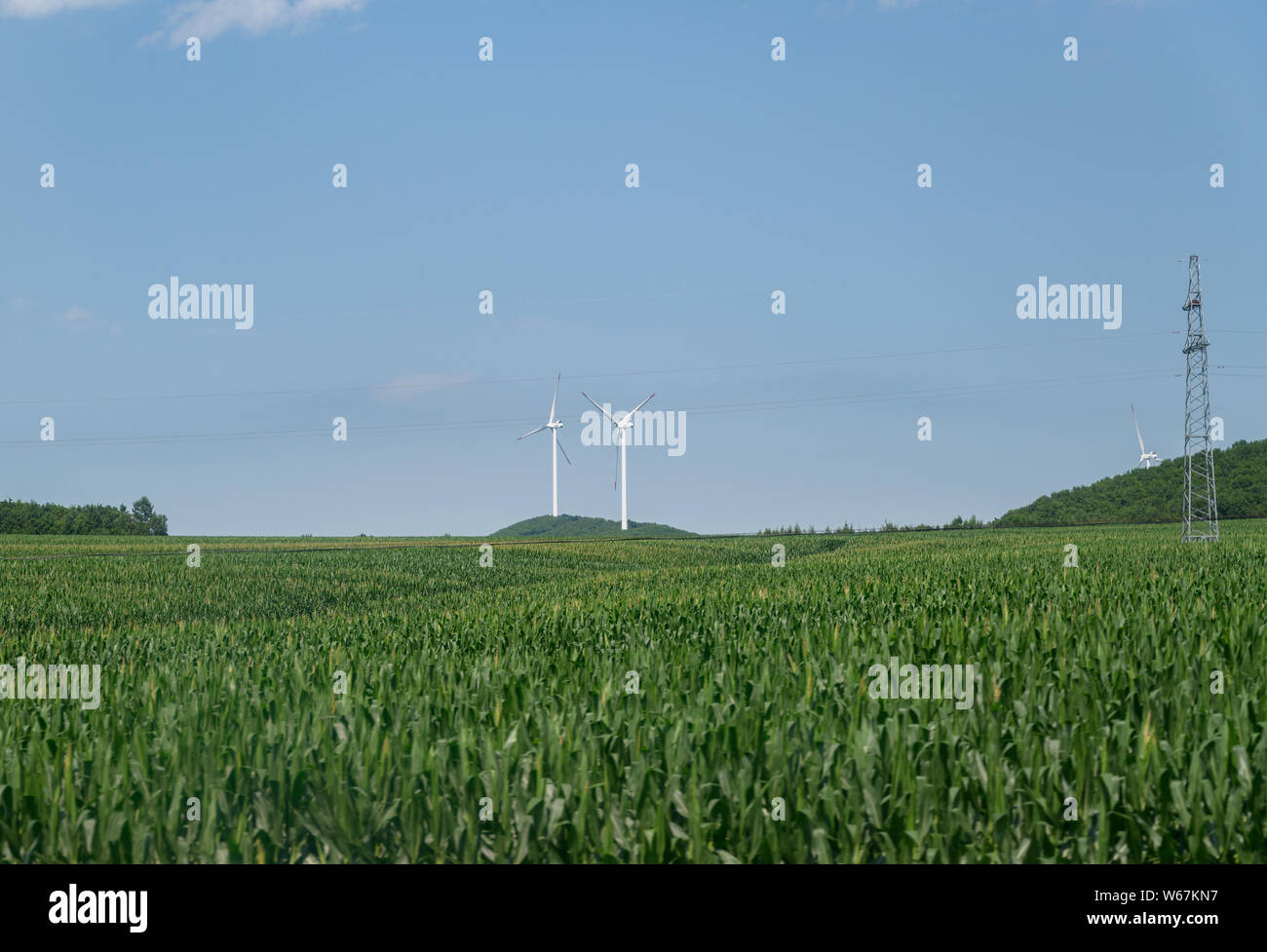 Windkraftanlagen auf den Hügeln - grüne Energie. Stockfoto