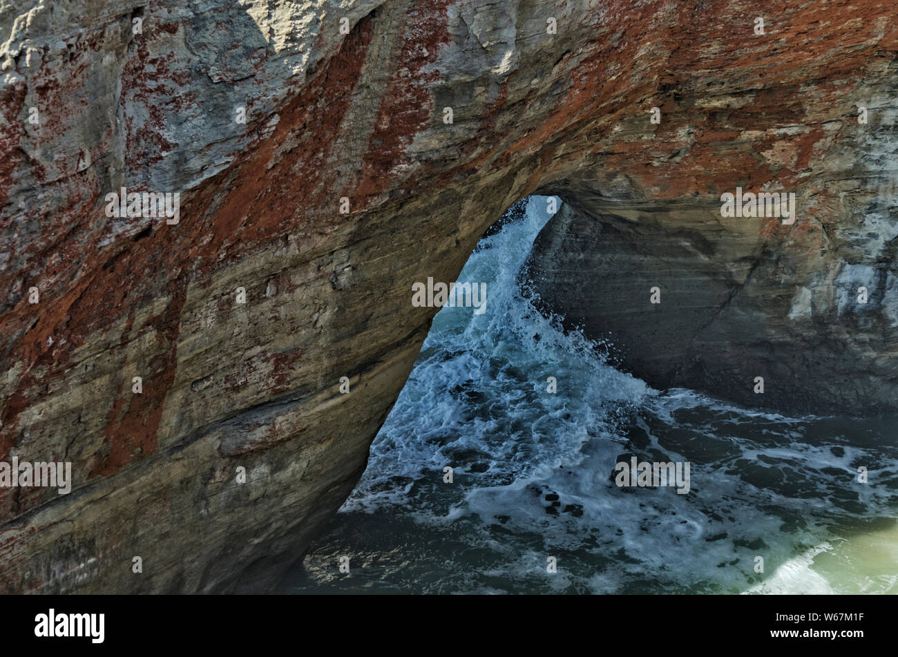 Oder: Lincoln County, Pazifikküste, Newport, Devils Punch Bowl. Leistungsschalter Absturz unter einem Meer arch Stockfoto