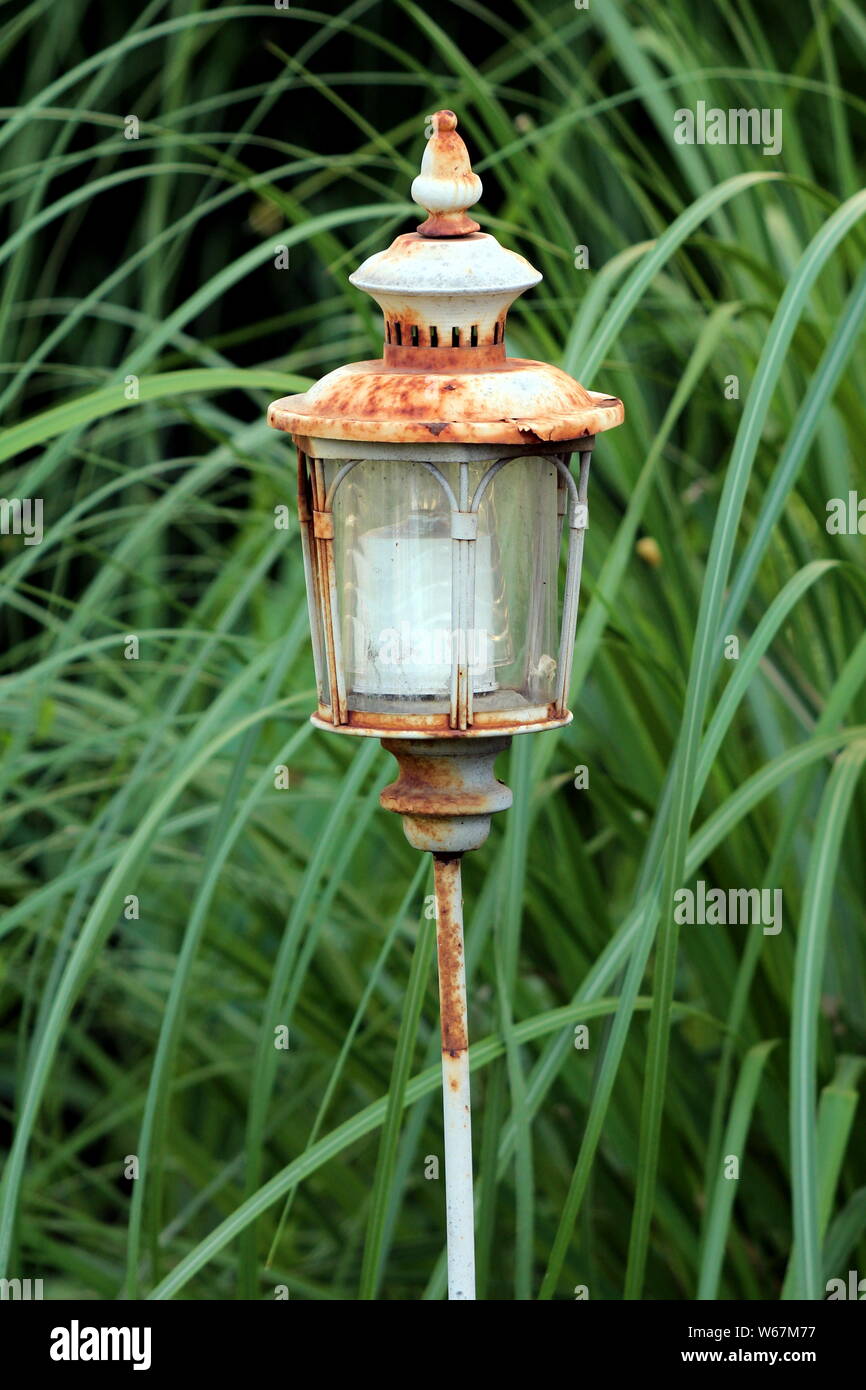 Verrostete Vintage Retro garten Laterne Kerzenhalter mit  batteriebetriebenen Kerze in lokalen Garten platziert mit dichtem Pflanzen  umgeben Stockfotografie - Alamy