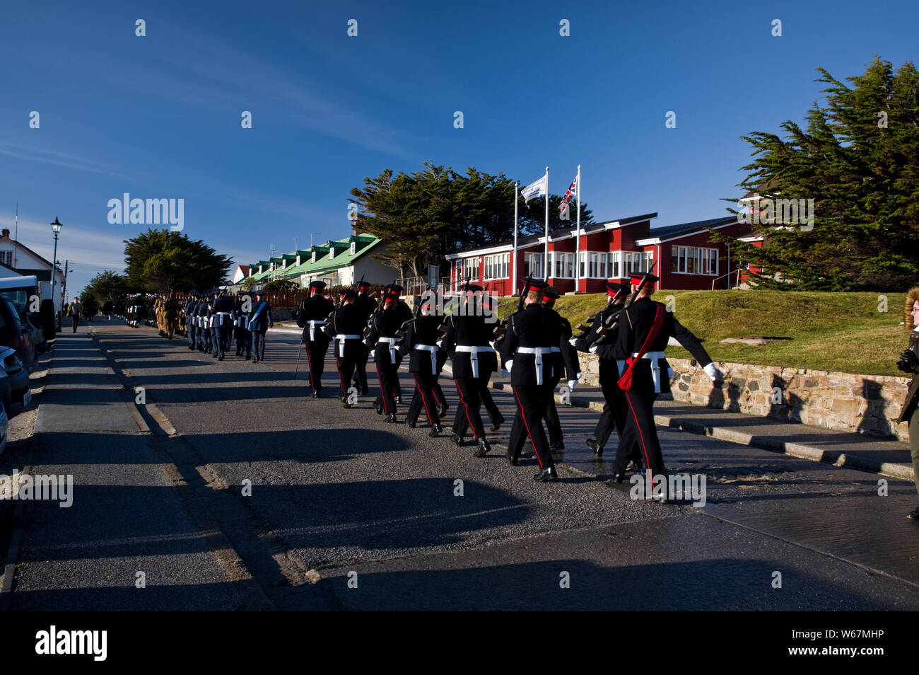 2018 Tag der Befreiung feiern in Stanley, der Hauptstadt der Falkland Inseln. Stockfoto
