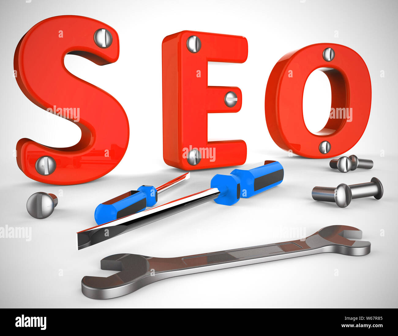 SEO Konzept Symbol bedeutet Suchmaschinenoptimierung für Web site Verkehr. Online Promotion für Ranking und bessere Umsätze - 3D-Darstellung Stockfoto