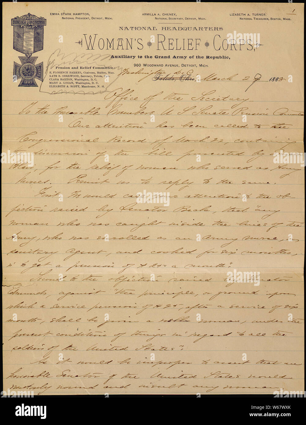 Petition von der Frau Relief Corps Beantragung einer Rente für Krieg Armee Krankenschwestern Stockfoto