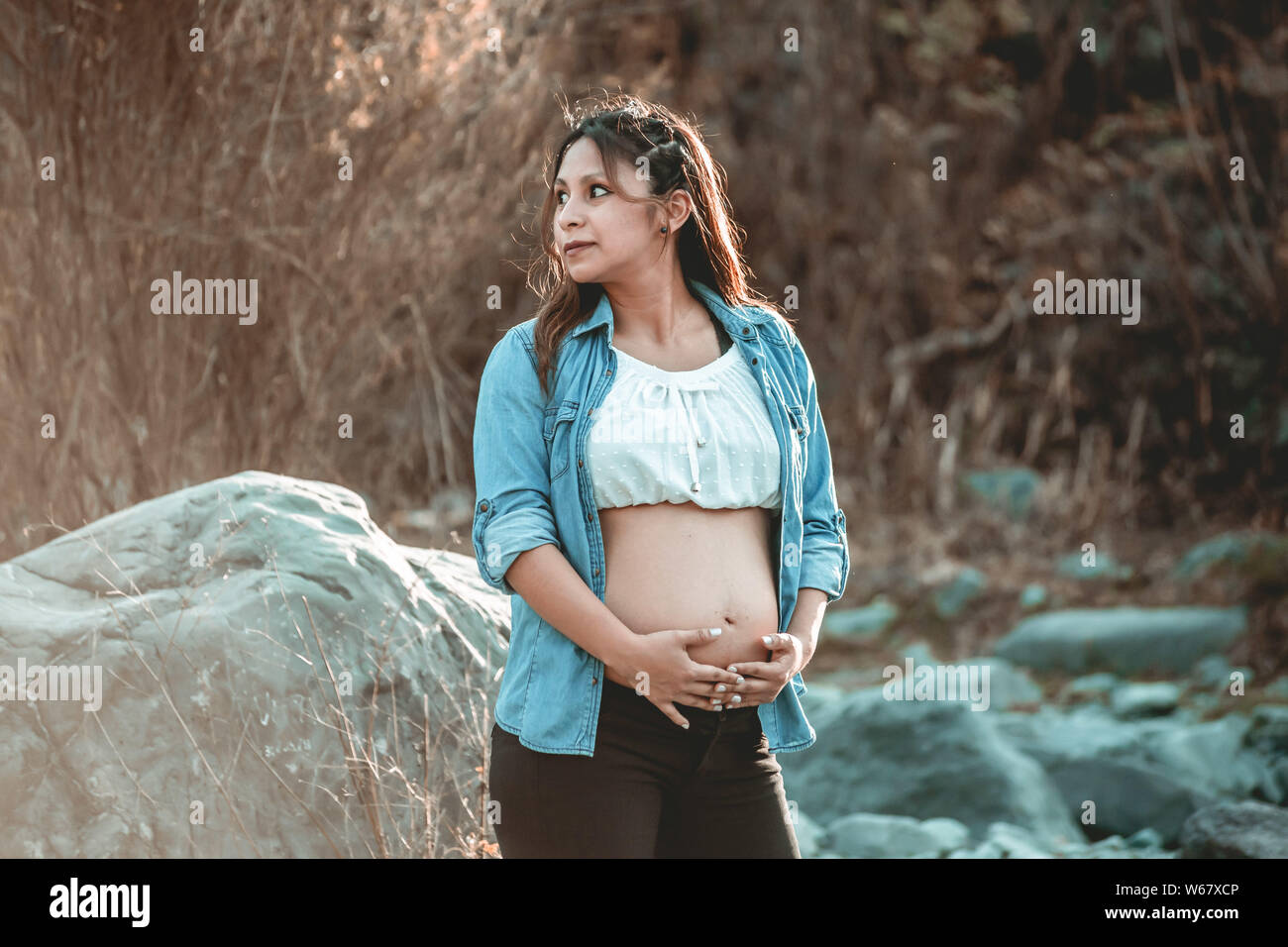 Schwangere Frau im Wald Stockfoto