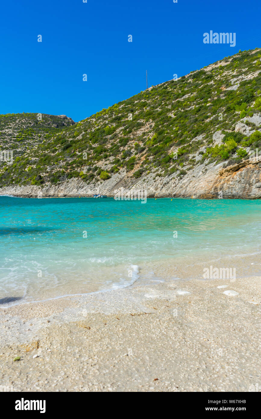 Griechenland, Zakynthos, wunderschönen weißen Sand am Griechischen tropisches Paradies Strand von Porto Vromi Stockfoto