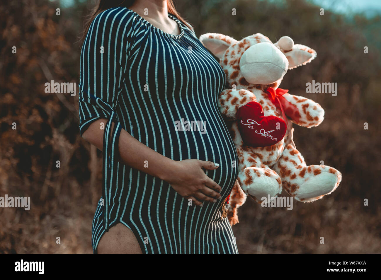 Schwangere Frau im Wald Stockfoto