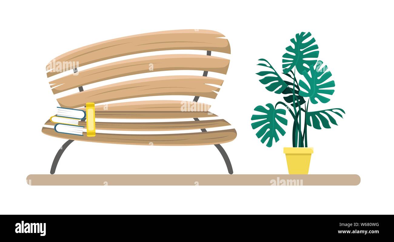 Bank aus Holz mit einem der Bücher und eine dekorative Pflanze in der Nähe stack. Flache Vektor Grafik im Comic-Stil. Stock Vektor