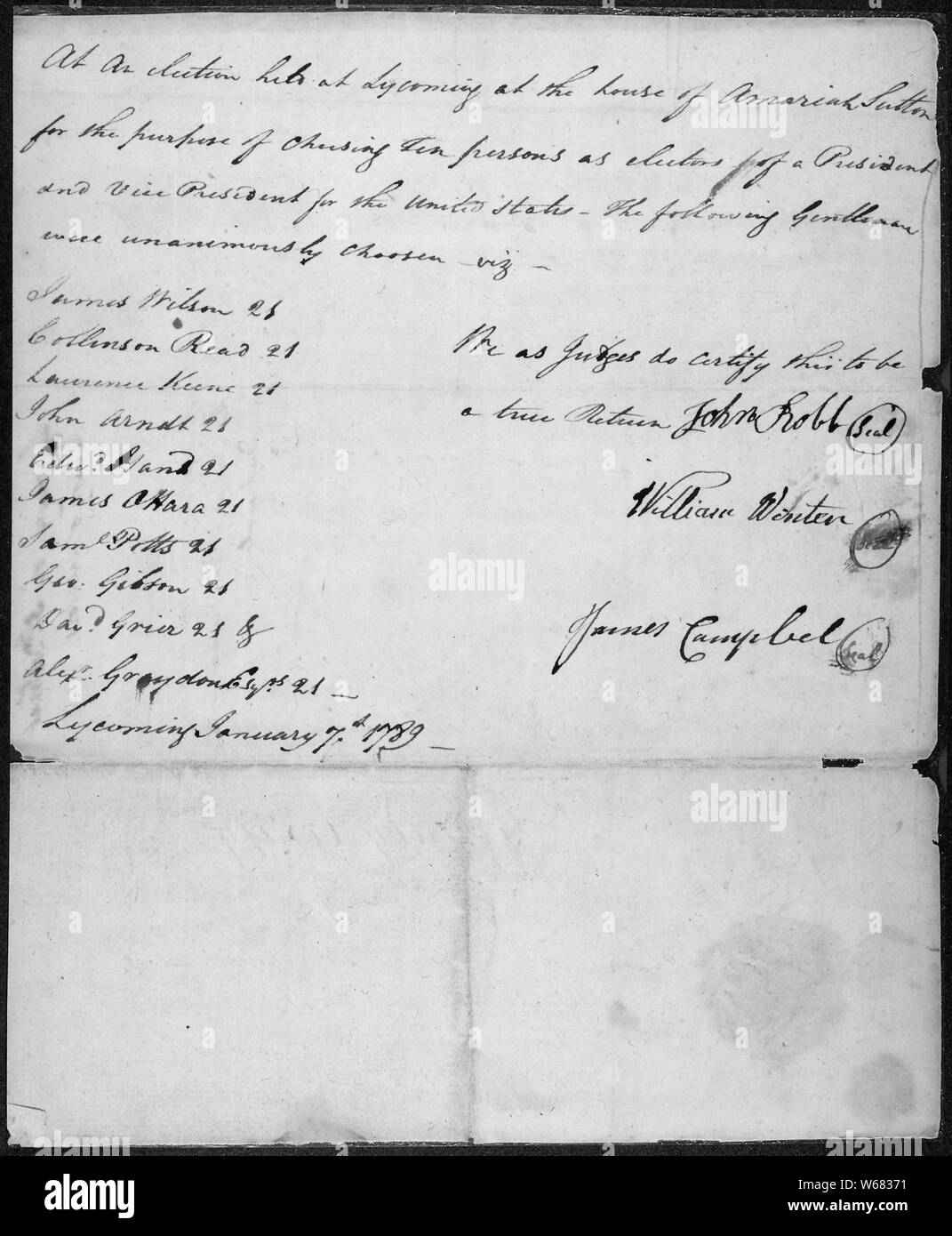 Rückkehr von der Wahl der Wahlmänner für die Wahl eines Präsidenten und Vizepräsidenten der Vereinigten Staaten, Northumberland County, Pennsylvania, 01/07/1789 Stockfoto