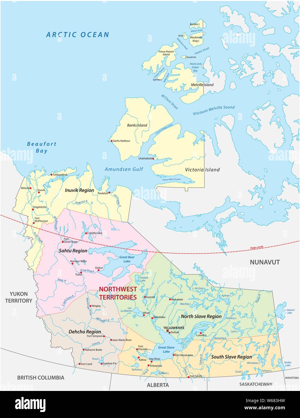 Northwest Territories politischen und administrativen Regionen Karte Kanada Stock Vektor