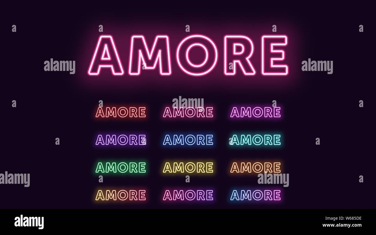 Neon text Amore, ausdrucksstarken Titel. Satz von glühenden Wort Amore in Neon outline Style mit transparenten Hintergrundbeleuchtung. Vector Kit, rot rosa lila violett blau Stock Vektor