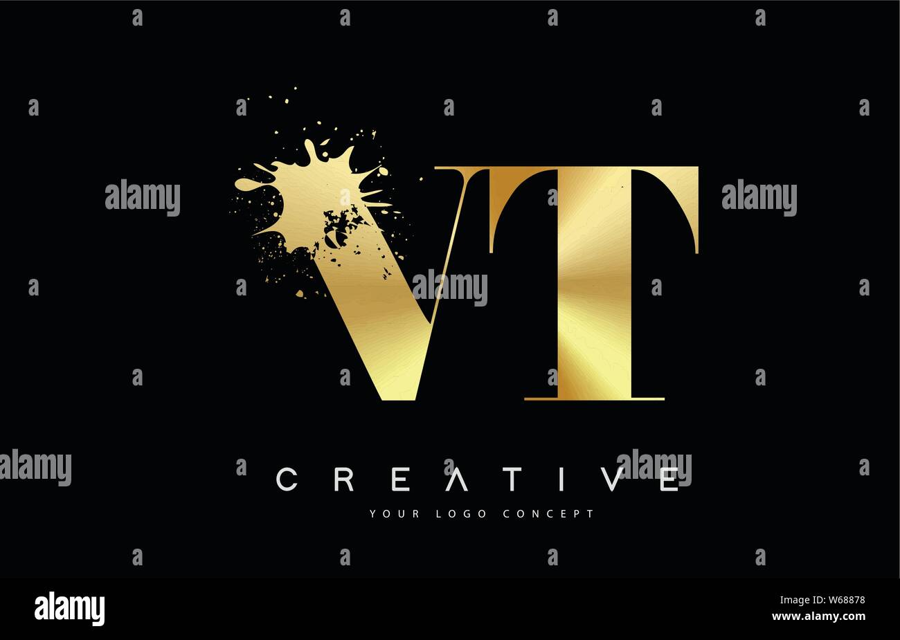 VT V T Schreiben Logo mit Gold Metall geschmolzen Splash Vektor Design Illustration. Stock Vektor