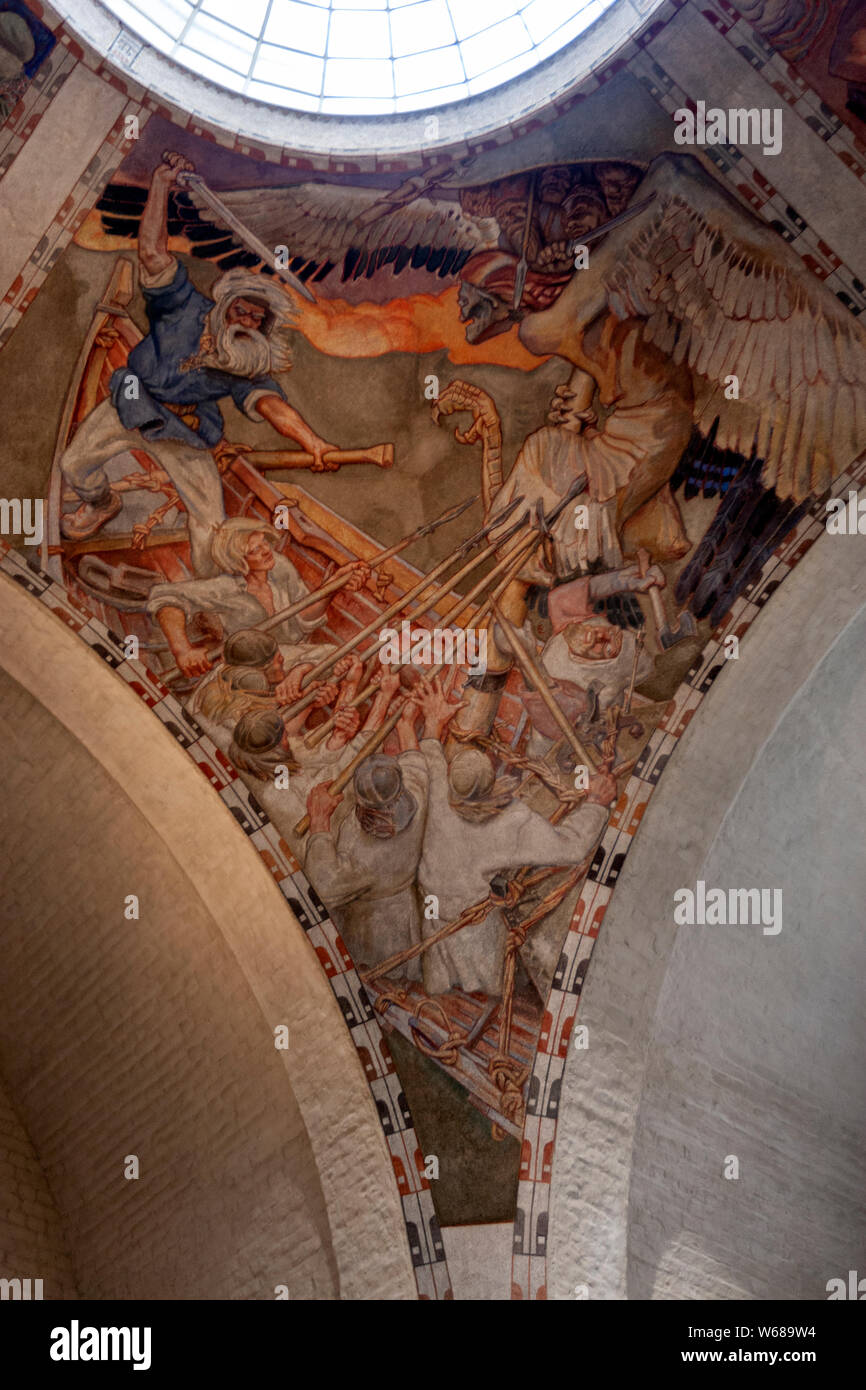 Halle Decke mit Fresken mit Kalevala Thema von Akseli Gallén -, das Nationale Museum für Finnland, Helsinki, Finnland lackiert Stockfoto