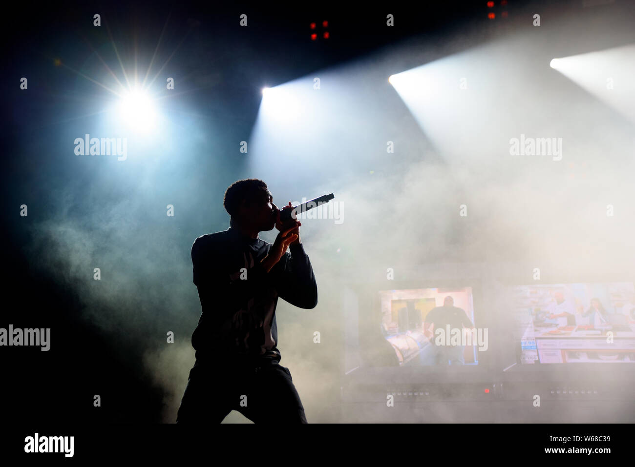 BILBAO, SPANIEN - Jun 13: Vince Heftklammern (Rapper) führt im Konzert an BBK Live Musik Festival 2019 am 13. Juli, 2019 in Bilbao, Spanien. Stockfoto