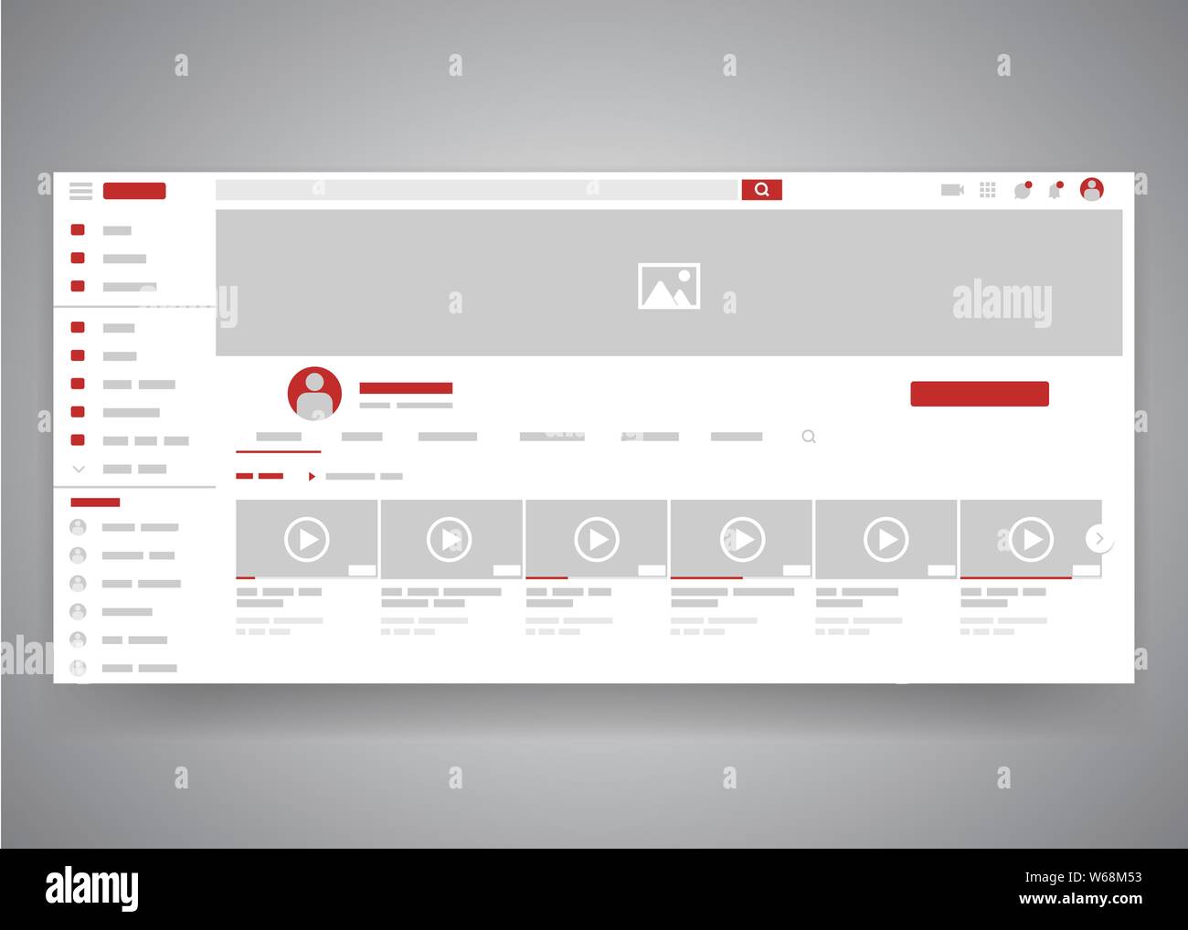 Web Browser youtube Video channel Seite Benutzeroberfläche mit Suchfeld und video Liste. Video player Website Schnittstelle mock up. Vektor web Seite Stock Vektor