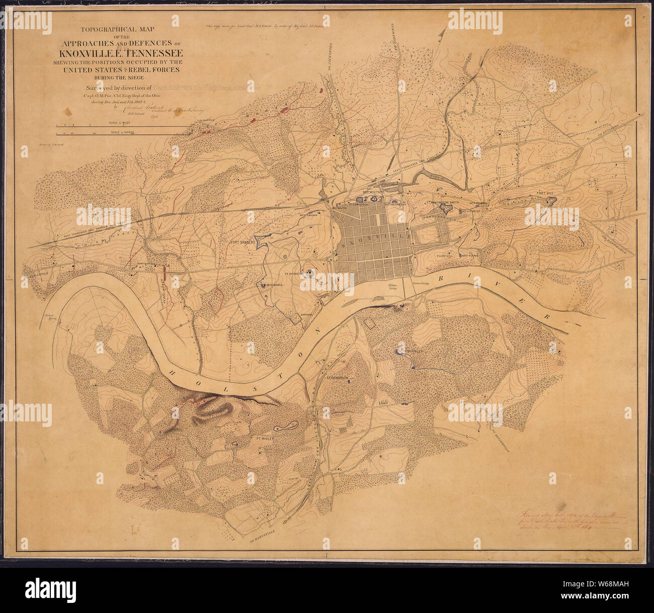 Topographische Karte der Ansätze und Abwehr von Knoxville, Tennessee, die Positionen, die die Vereinigten Staaten & Rebellen während der Belagerung besetzt. Aufgrund der Richtung der Kapitän O. M. Poe, Chf befragt. Engr., Abt. des Ohio, während Dez., Jan., Feb., 1863-4, die von [...] Cleveland Rockwell, Sub unterzeichnet. Asst., U.S. Küstenwache, [und] R. H. Talcott, Hilfe... Von C. Rockwell gezeichnet. Stockfoto