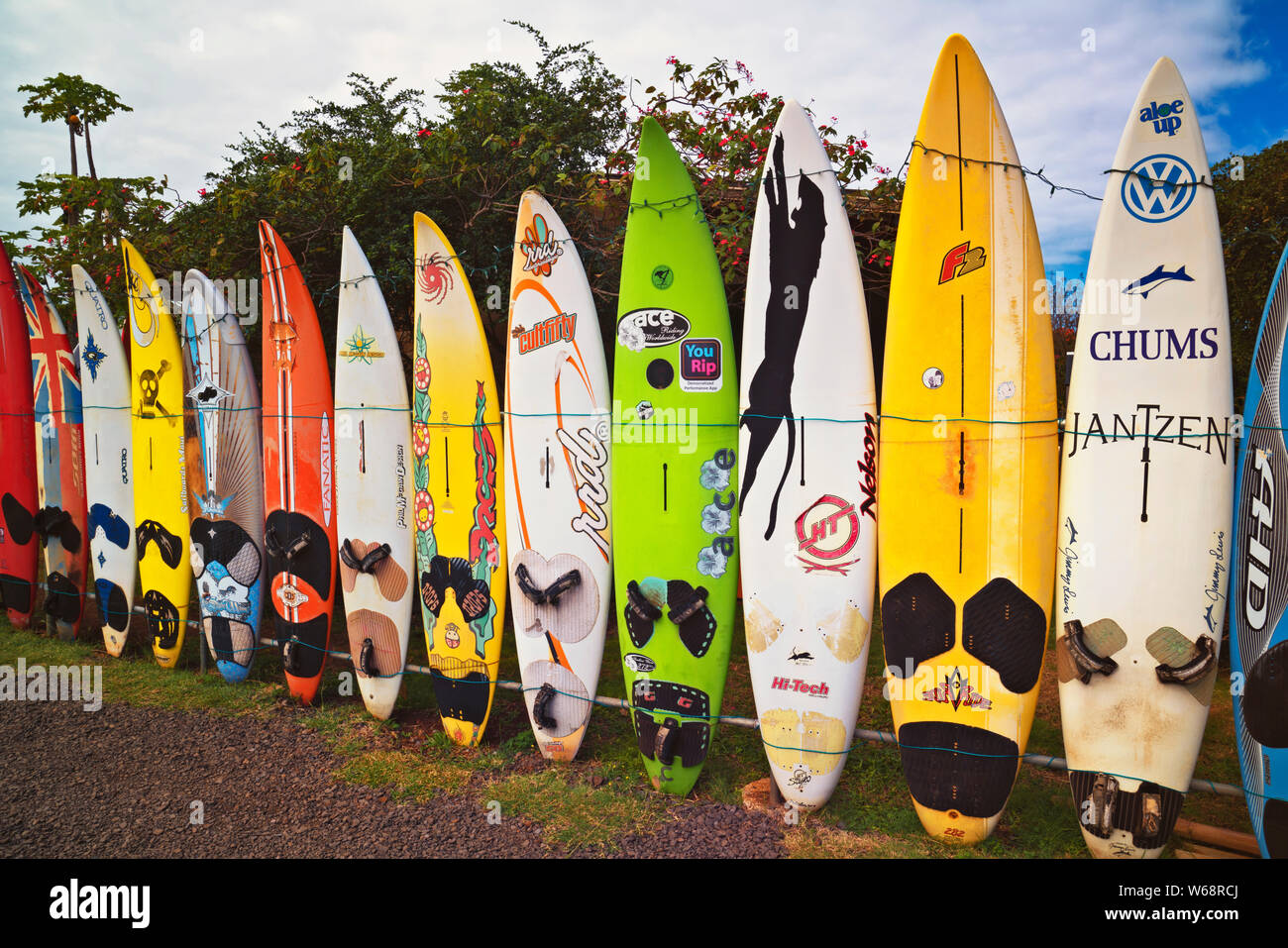 Bunte surfboard Zaun in der Nähe der Stadt Ahaus an der Strasse nach Hana auf Hawaii Insel Maui. Stockfoto