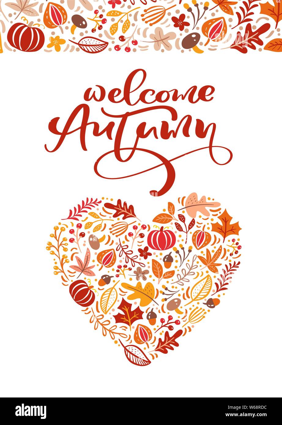 Grußkarte mit Text Willkommen im Herbst. Orange Blätter von Ahorn, September, Oktober oder November Laub, Eiche und Birke, Herbst Natur Jahreszeit Poster Stock Vektor