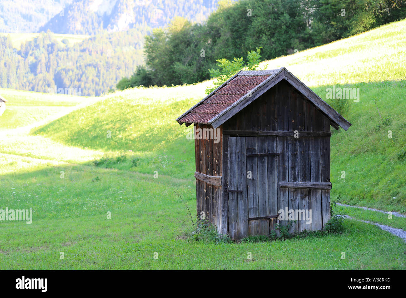 Tiroler Wiese mit Heustadel Stockfoto