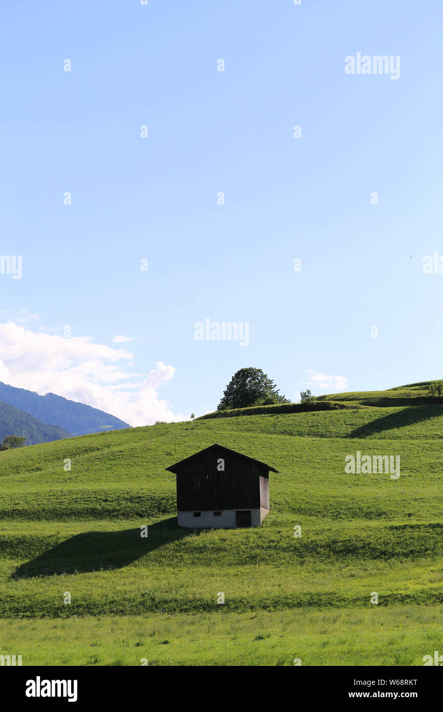 Tiroler Wiese mit Heustadel Stockfoto