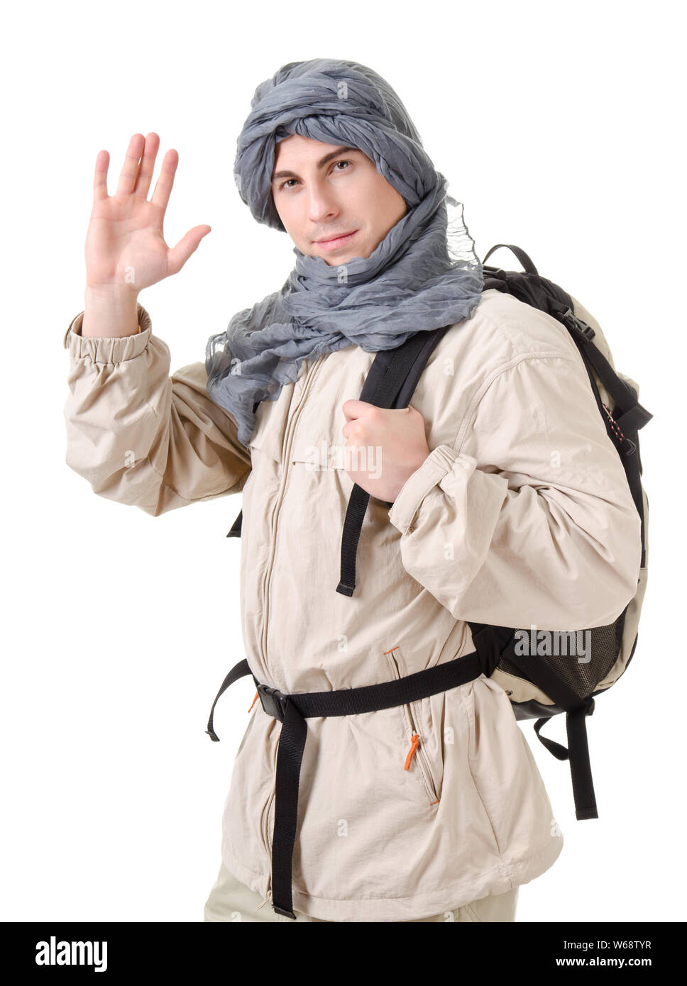 Wildman - Tourist mit Rucksack auf weißem Hintergrund Stockfoto