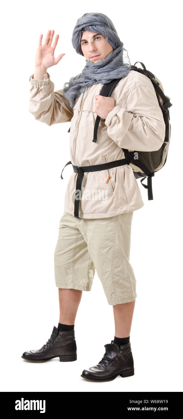 Wildman - Tourist mit Rucksack auf weißem Hintergrund Stockfoto