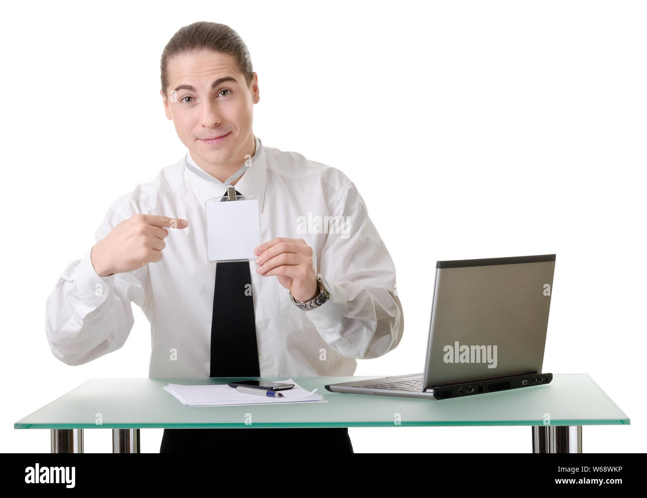 Geschäftsmann und gestikulierte mit Emotionen auf weißem Hintergrund Stockfoto