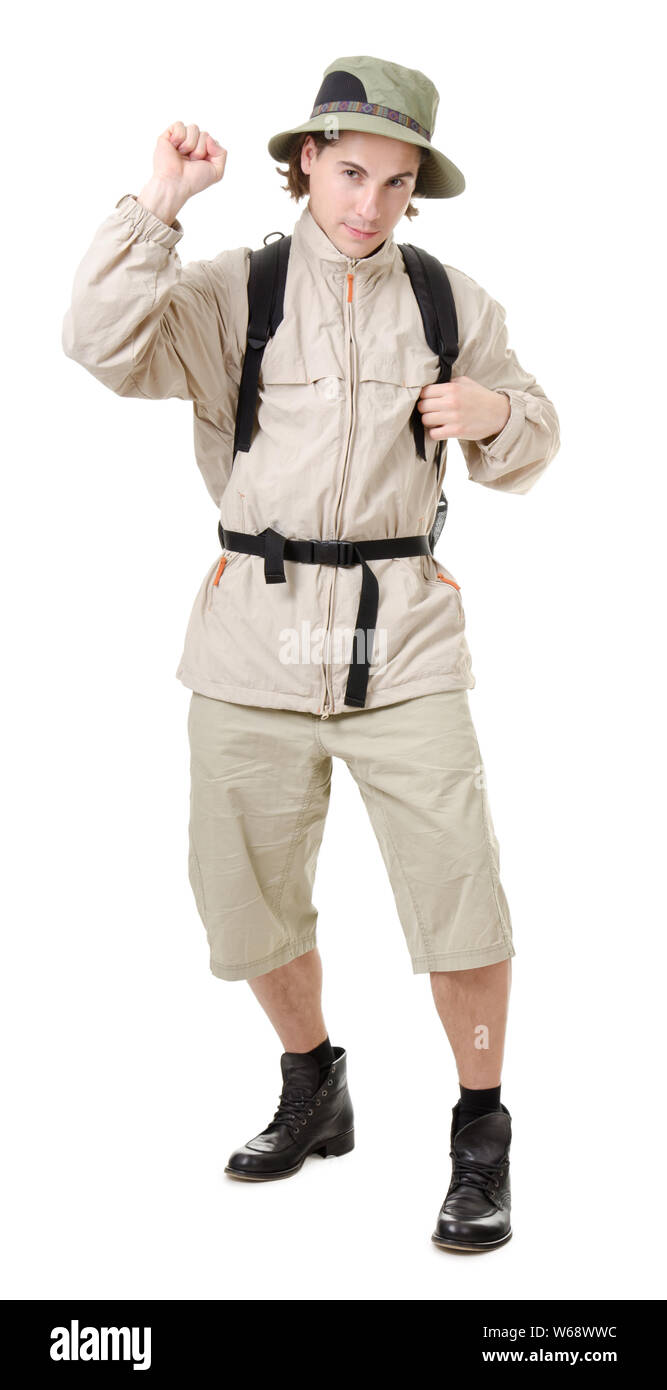 Junger Mann - Tourist mit Rucksack auf weißem Hintergrund Stockfoto