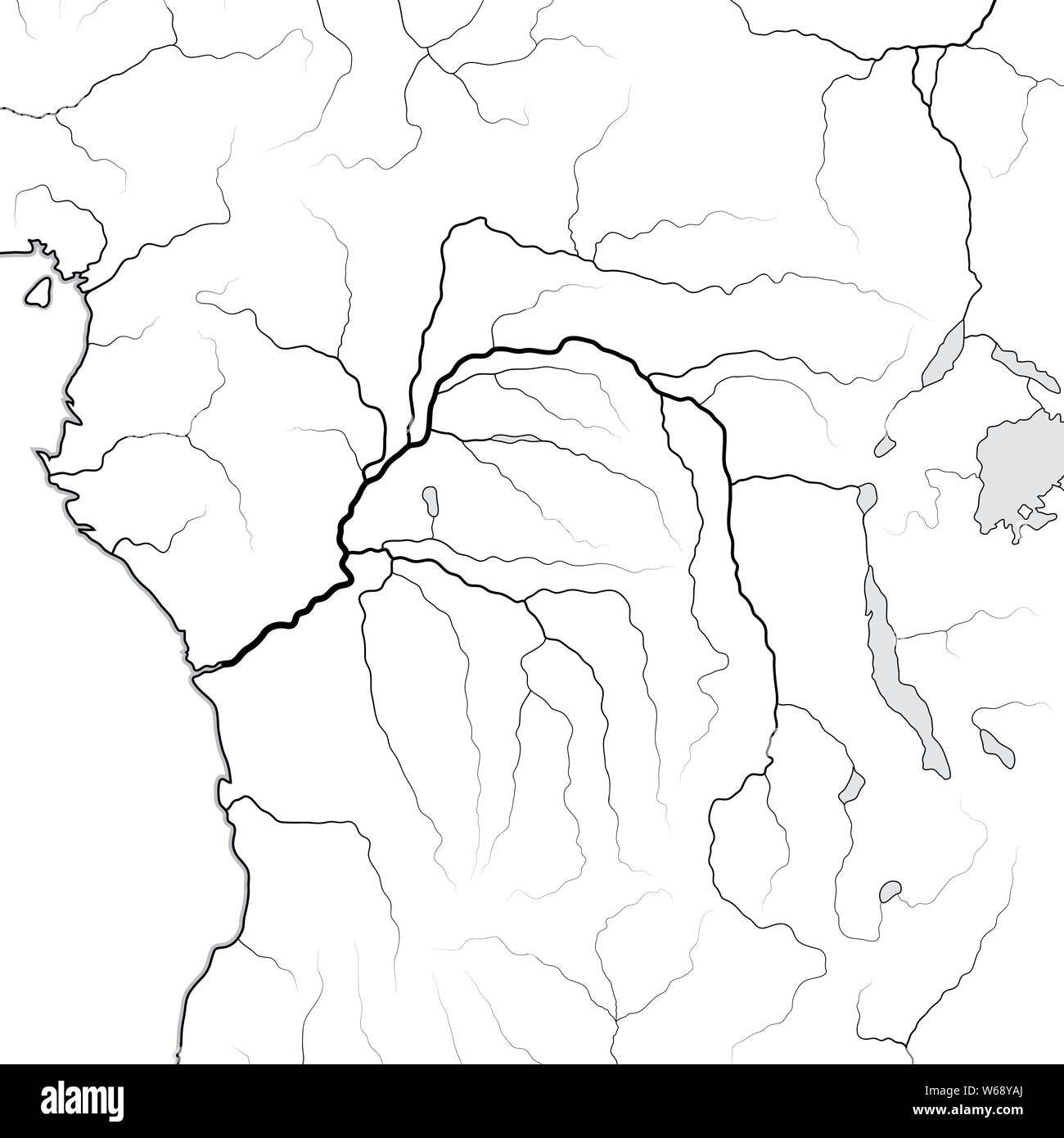 Weltkarte Der KONGOBECKEN: Äquatorial Afrika, Zentralafrika, Kongo, Kongo, Zaire. Geographische Chart mit Küste & Main Nebenflüssen. Stockfoto
