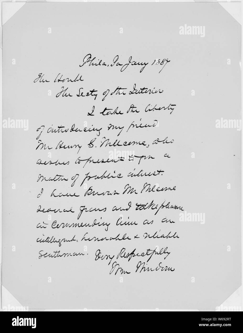 Windom Brief, Dezember 1887.; Umfang und Inhalt: Brief von Herrn William Windom an den Sekretär des Interoir Einführung Herr Henry S. Wellcome. Windom war ein Rechtsanwalt, zehn Jahre diente als Vertreter und dreizehn als US-Senator. Finanzminister unter den Präsidenten Garfield und Harrison. Ein aktives Mitglied des Ausschusses William Duncan Kolonie in Ihrer geplanten Umzug von British Columbia nach Alaska zu Hilfe. Stockfoto