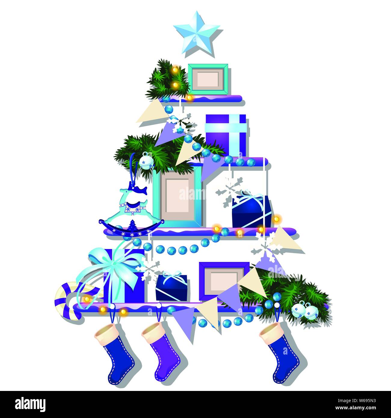 Stilisierte Regal mit Weihnachtsschmuck, niedlichen Kugeln auf weißem Hintergrund. Stichprobe von Urlaub, Plakat, Karte, Party Einladung. Vorstellung von Stock Vektor