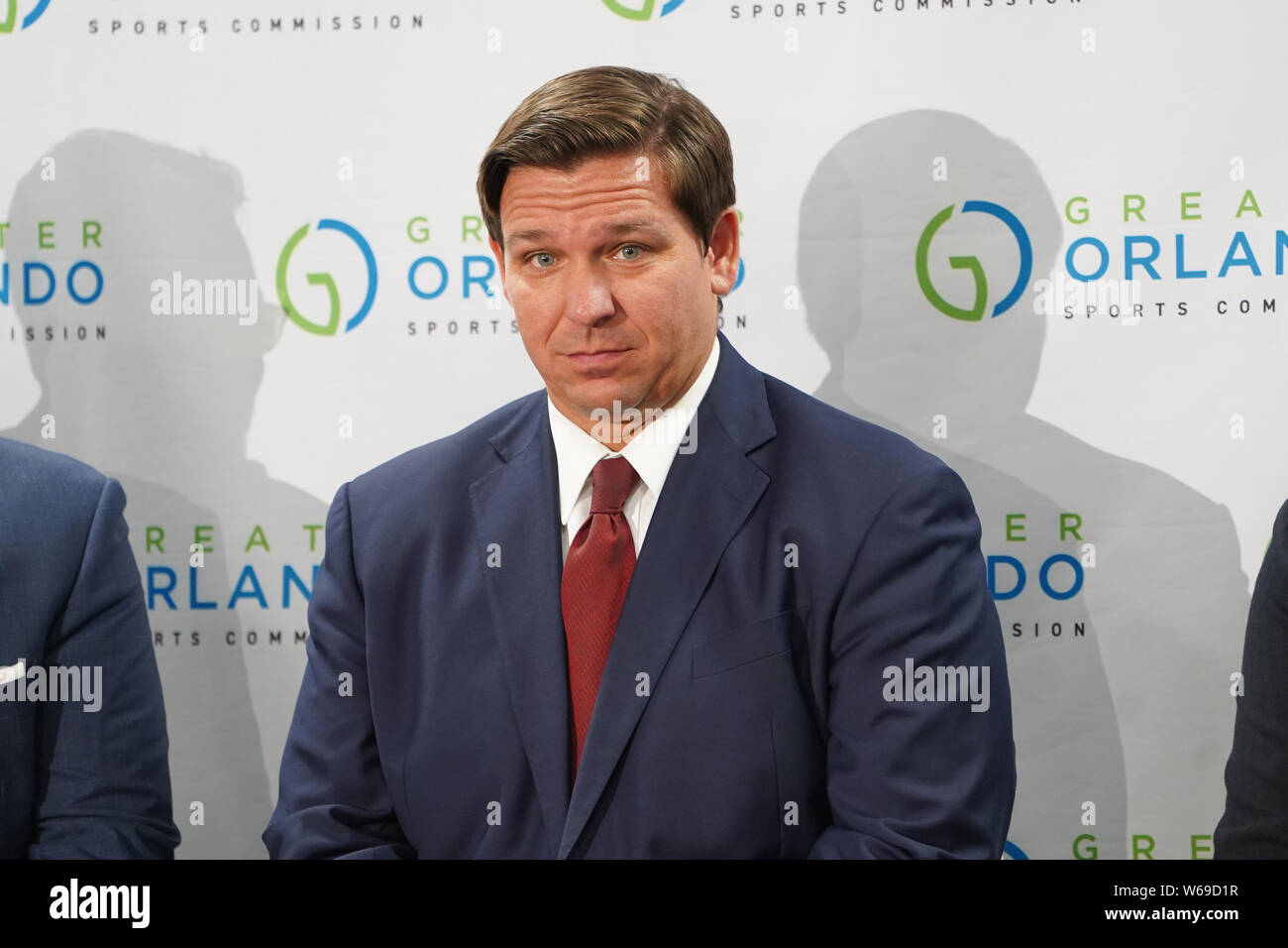 Orlando, Florida, USA. Juli 31, 2019. Pregame Pressekonferenz mit Florida Gouverneur Ron Desantis die Zukunft von Sport und Fußball im Bundesstaat Florida an exploria Stadion in Orlando Florida am Mittwoch, dem 31. Juli, 2019 diskutieren. Photo Credit: Marty Jean-Louis/Alamy leben Nachrichten Stockfoto