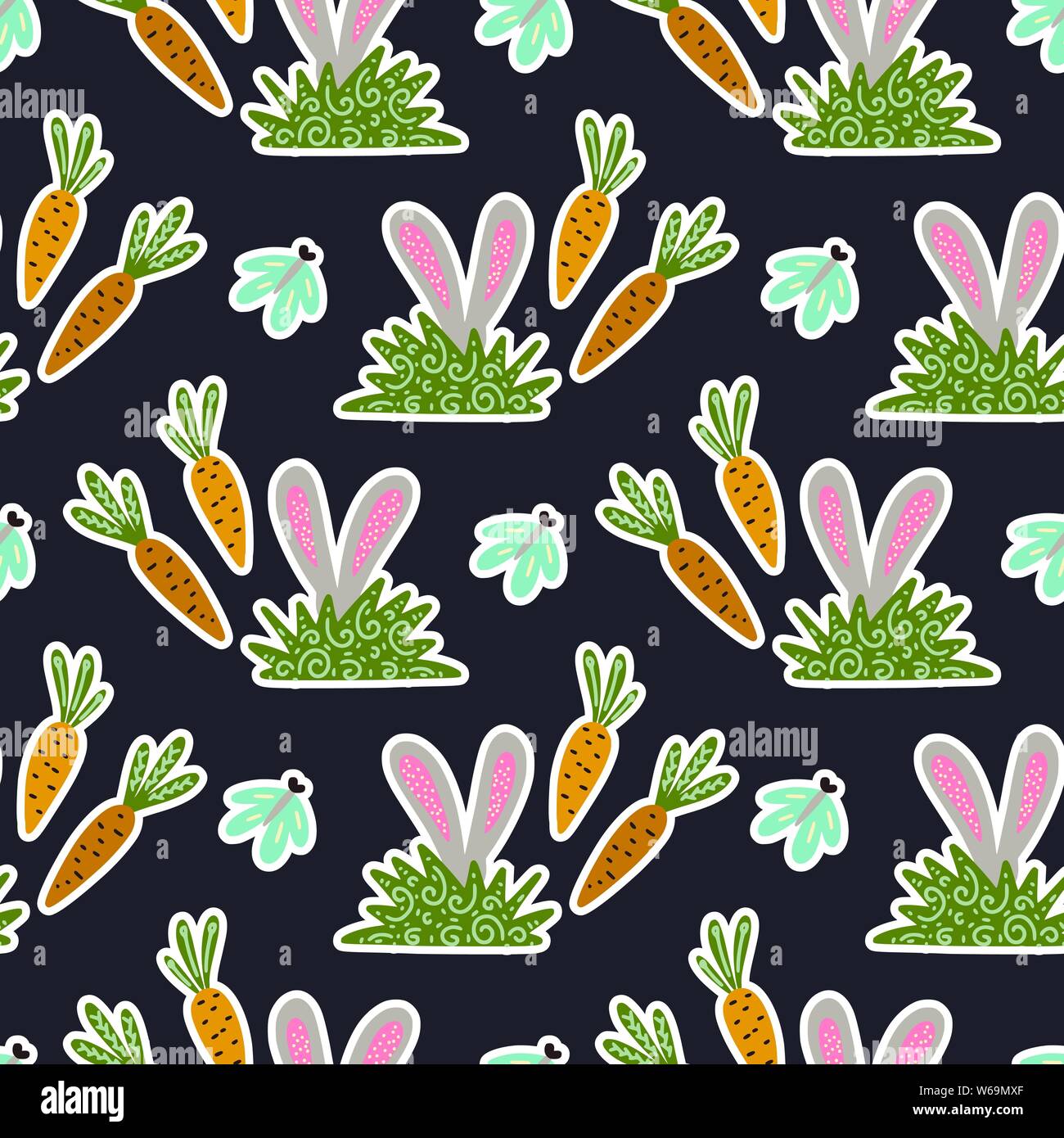 Nahtlose Feder vector Pattern mit Kaninchen, Karotten und Schmetterlinge. Frohe Ostern Abbildung. Stock Vektor