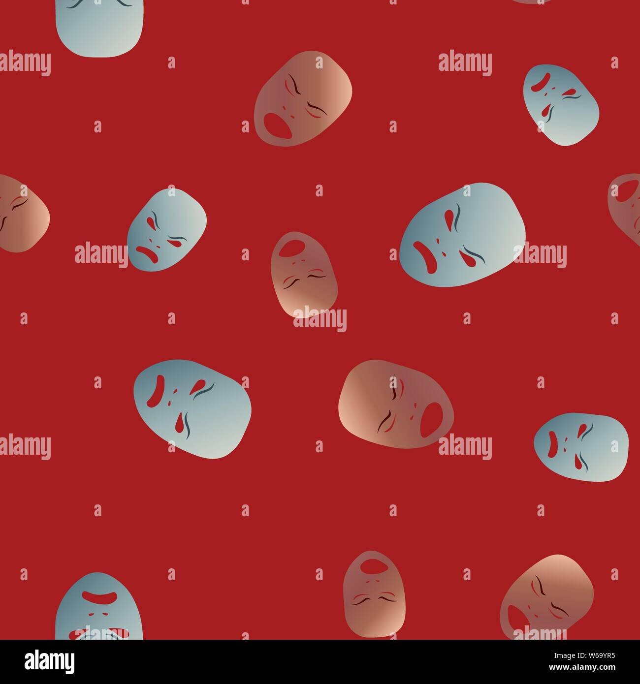 Nahtlose Muster theatralischen Maske mit verärgerten Emotion. Vector Illustration. Bronze und Silber Masken mit Steigung auf rotem Hintergrund. Stock Vektor