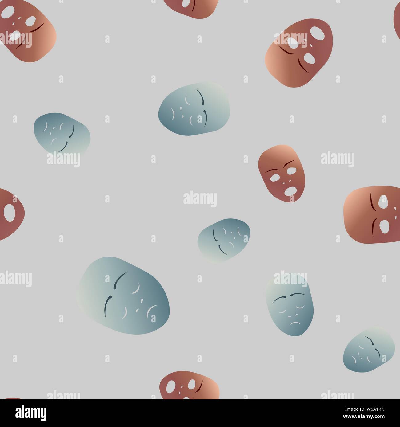 Nahtlose Muster theatralischen Maske mit traurigen und Panik Emotion. Vector Illustration. Bronze und Silber Masken mit Steigung auf grauem Hintergrund. Stock Vektor