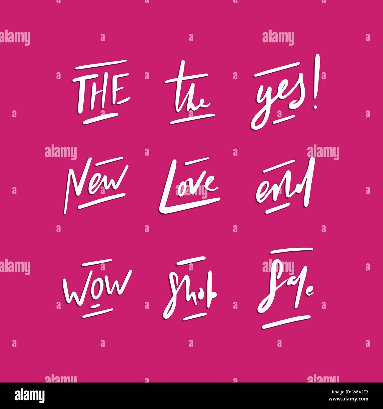 Vektor Handdrawn kurze Worte. Schriftzug kurz Vektor Phrasen - ja, wow, Verkauf, Shop, und, liebe. Stock Vektor