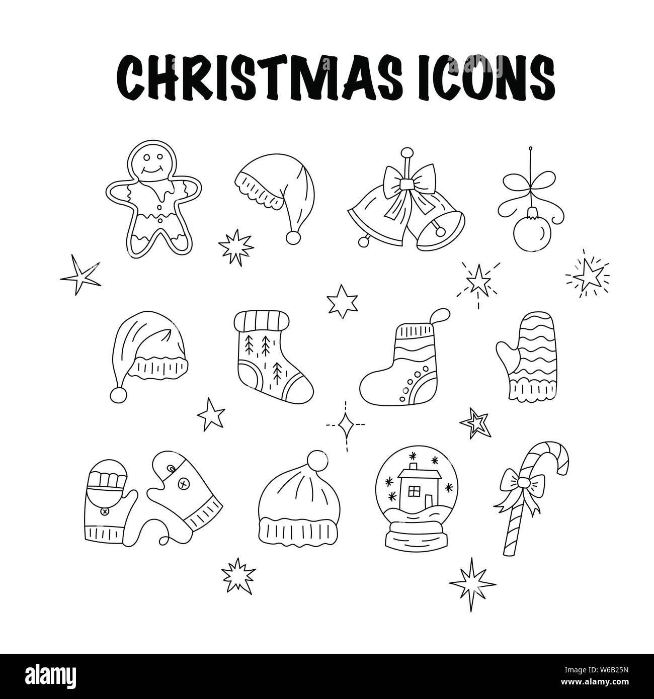 Satz von thin line outline Vektor Weihnachten Symbole - Bell, Keks, Schnee glow, Socken, Snow Ball, Hut, Süßigkeiten, Ets. Stock Vektor