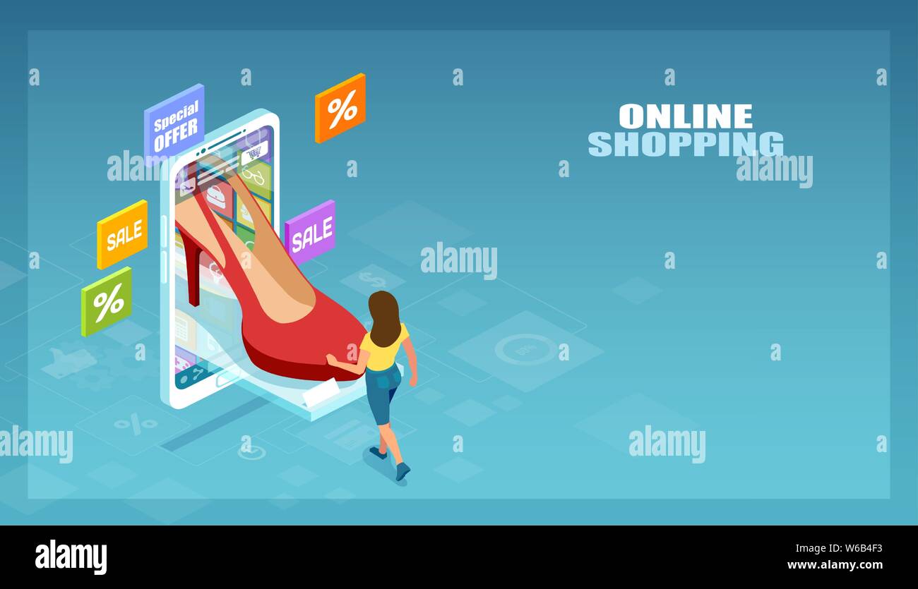 Internet Shopping Konzept. Vektor einer Frau Schuhe kaufen online Stock Vektor
