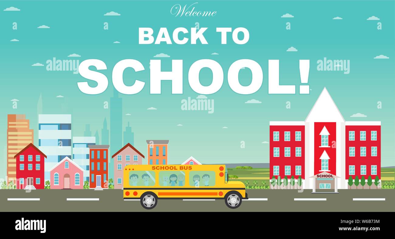 Zurück zum Konzept der Schule. Der Vektor der Studenten, ein Schulbus Stock Vektor