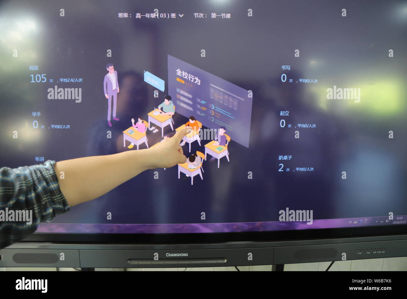 Ein Lehrer der Klasse durch das Überwachungssystem an einer High School in Hangzhou City, East China Zhejiang provinz, 15. Mai 2018. Die Classroo Stockfoto