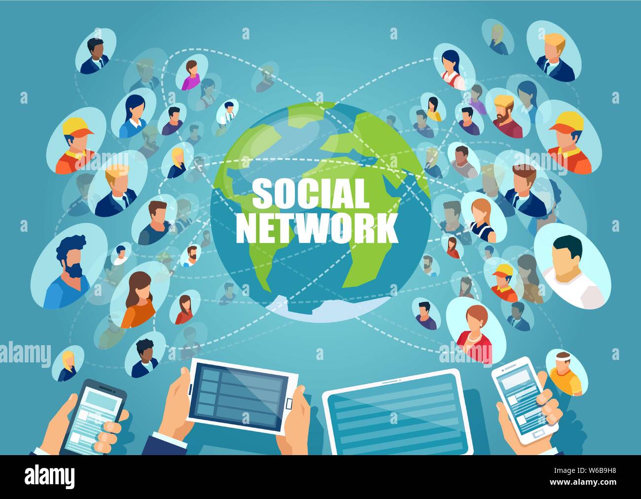 Soziales Netzwerk Konzept. Der Vektor der verschiedensten Menschen verbunden online über moderne Technologie Stock Vektor
