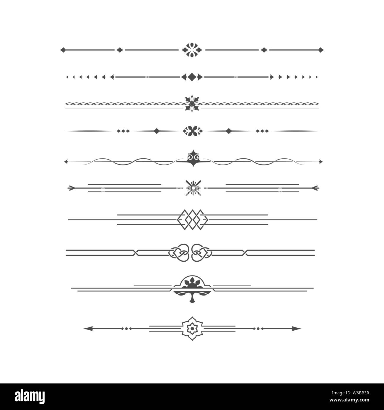 Satz von calligraphical Elemente der Gestaltung und Ausführung der Seite. Zuordnung der Text im Vintage Style. Typografische Teiler, Schmuck für Bücher Stock Vektor