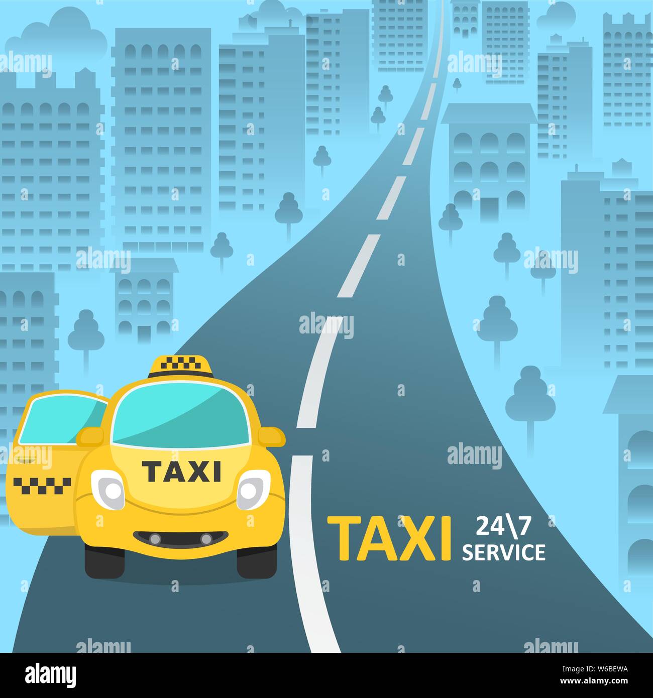 Die Taxi Auto mit einem offenen Beifahrertür auf der Straße der Stadt. Kundenservice für ein Taxi 247. Ein Vektor Illustration in Flacher Stil für ein Banner, ein Post Stock Vektor